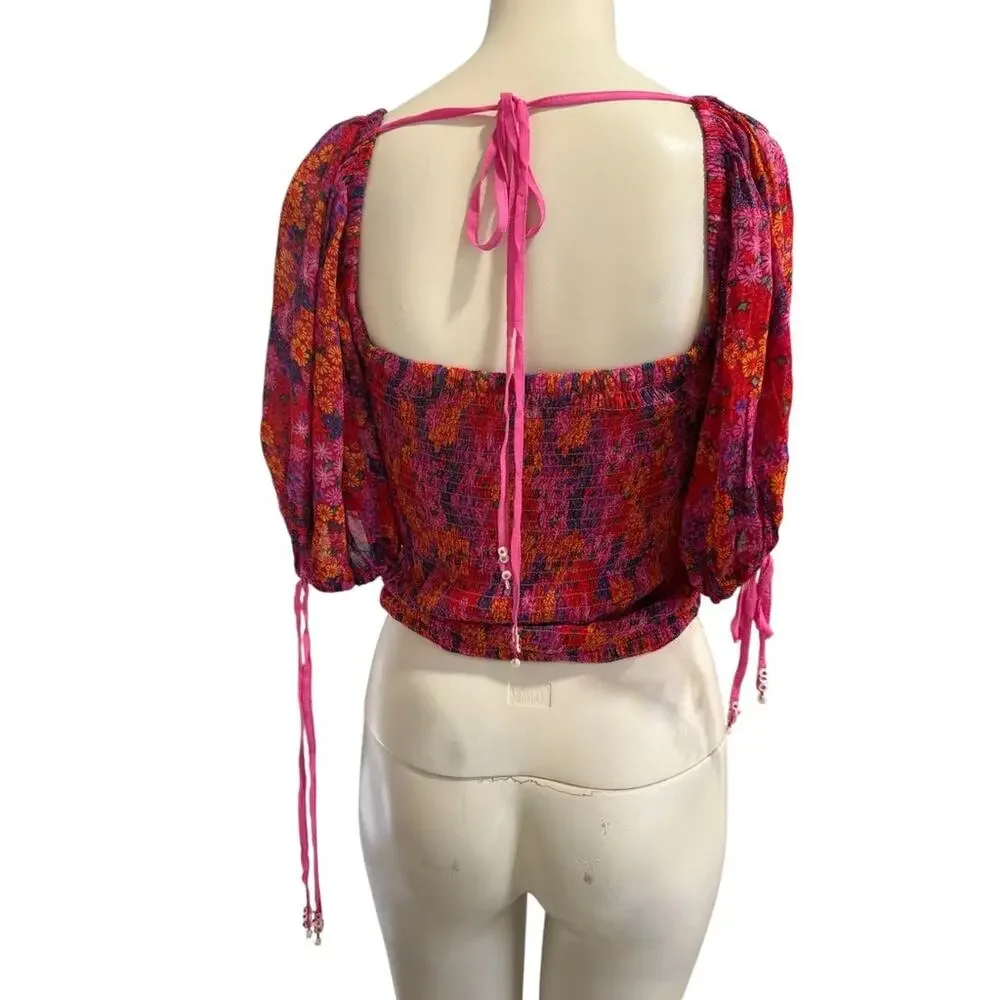 Free People Back on Top Floral Smocked Puff Sleeve Crop